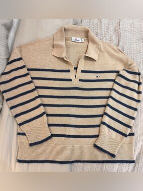 Vineyard Vines Beige & Navy Striped V‑Neck Polo Sweater